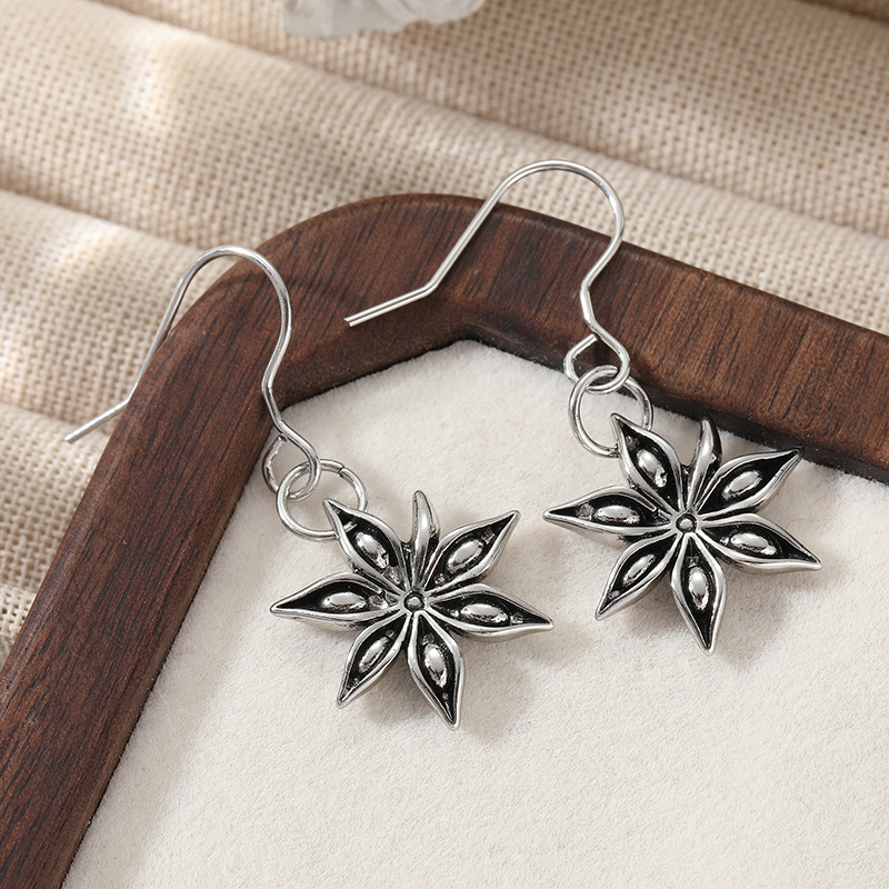 Vintage Silvery Octagonal Pendant Earrings, Bohemian Style